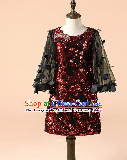 Children Catwalks Costume Girls Compere Modern Dance Wine Red Sequins Full Dress for Kids