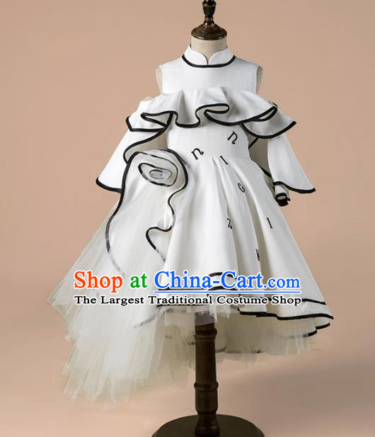 Children Catwalks Costume Girls Compere Modern Dance White Bubble Full Dress for Kids