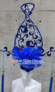 Halloween Cosplay Deluxe Palace Blue Veil Vase Hair Accessories Chinese Catwalks Hat Headwear for Women