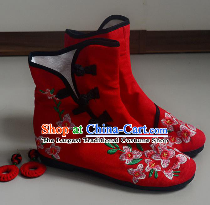 Chinese Traditional Hanfu Boots Ancient Shoes Embroidered Red Shoes for Women