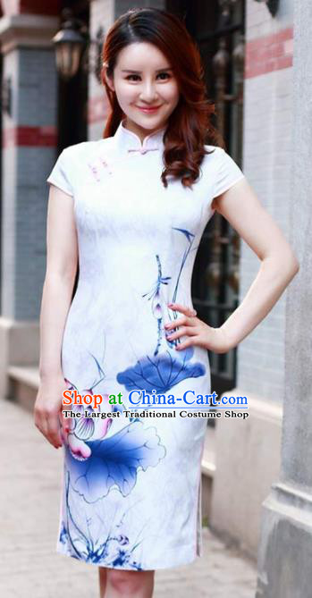 Chinese Traditional Mandarin Qipao Dress Printing Lotus Silk Cheongsam for Women