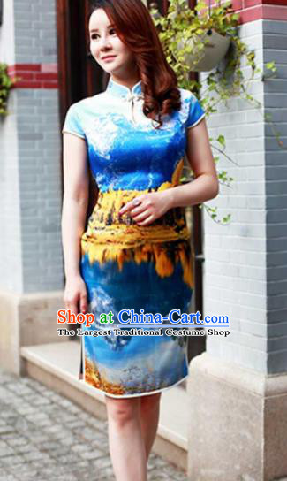 Chinese Traditional Mandarin Qipao Dress Blue Silk Cheongsam for Women