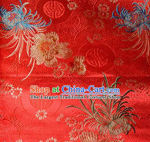 Asian Chinese Tang Suit Material Traditional Chrysanthemum Peony Pattern Design Red Satin Brocade Silk Fabric