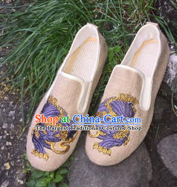 Chinese Traditional National Embroidered Shoes Martial Arts Shoes Ancient Monk Beige Linen Shoes for Men