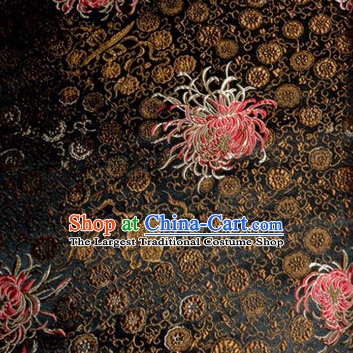 Asian Traditional Royal Chrysanthemum Pattern Design Black Satin Material Chinese Tang Suit Brocade Silk Fabric