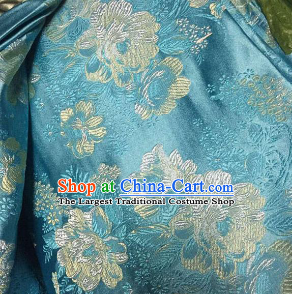 Asian Traditional Peony Pattern Design Blue Satin Material Chinese Tang Suit Brocade Silk Fabric