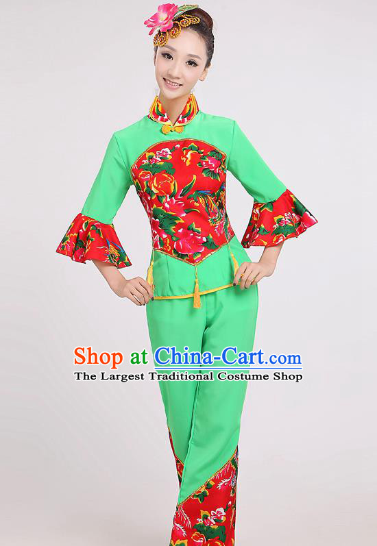 Chinese Traditional Yangko Dance Village Girl Green Costumes Group Dance Folk Dance Clothing for Women