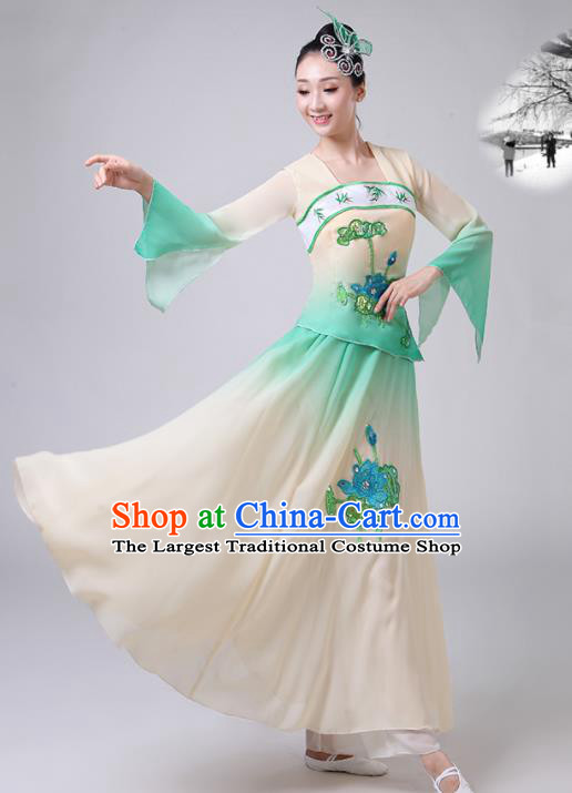 Chinese Traditional Classical Dance Green Costumes Stage Performance Umbrella Dance Dress for Women