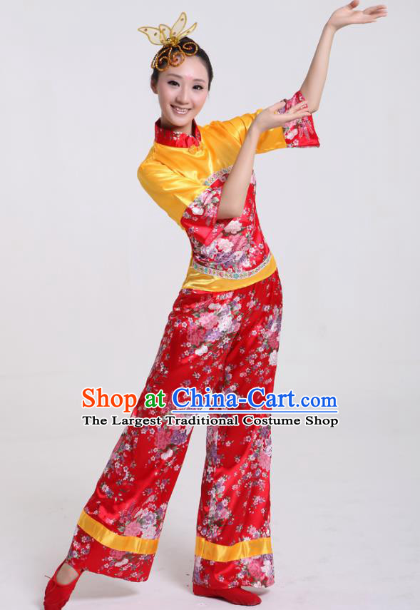 Chinese Traditional Yangko Dance Satin Costumes Group Dance Stage Performance Folk Dance Clothing for Women