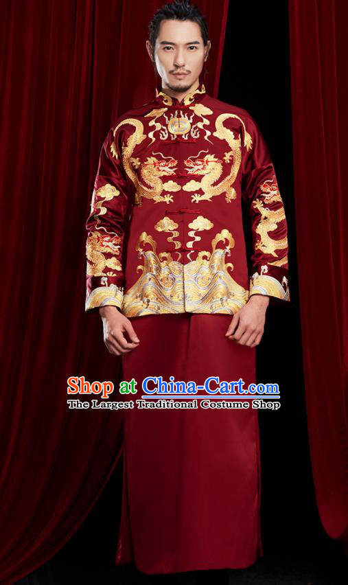 Chinese Traditional Wedding Costumes Tang Suit Bridegroom Embroidered Wine Red Clothing for Men