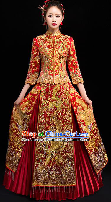 Chinese Traditional Wedding Dress Red Diamante Xiuhe Suits Ancient Bride Handmade Embroidered Costumes for Women