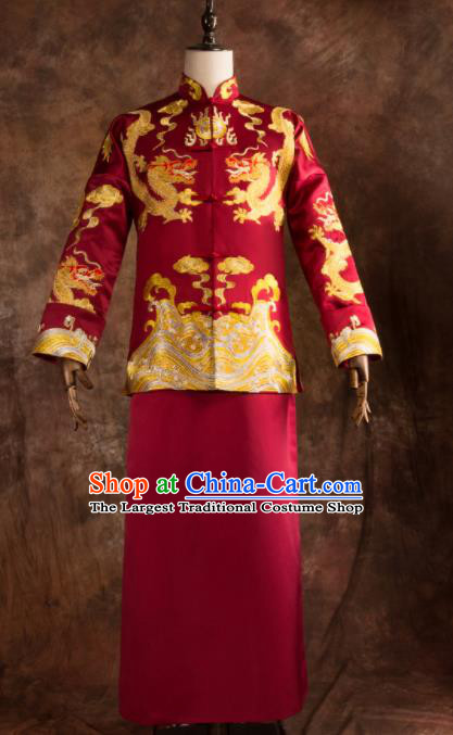 Chinese Traditional Wedding Costumes Bridegroom Embroidered Dragon Tang Suit Red Gown for Men