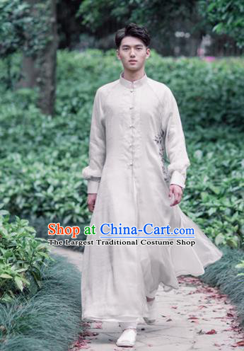 Chinese Traditional Tang Suit Costumes National White Long Gown Overcoat for Men