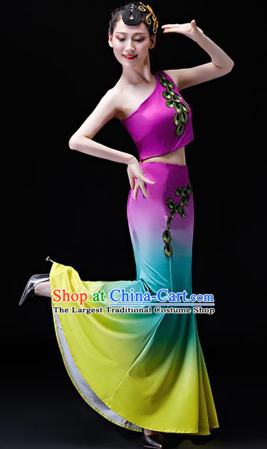 Chinese Traditional Folk Dance Costumes Peacock Dance Group Dance Purple Dress for Women