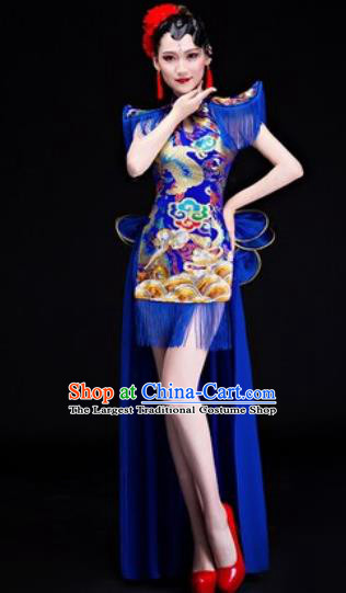 Chinese Traditional Folk Dance Drum Dance Costumes Group Dance Royalblue Dress for Women