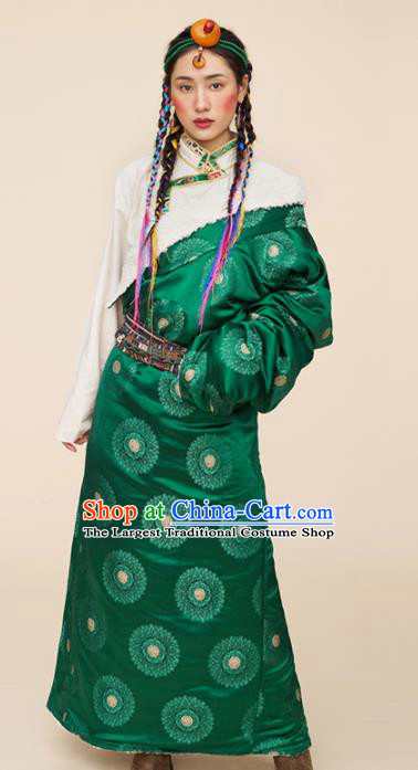 Traditional Chinese Zang Nationality Dance Costumes Ethnic Folk Dance Green Tibetan Robe for Women