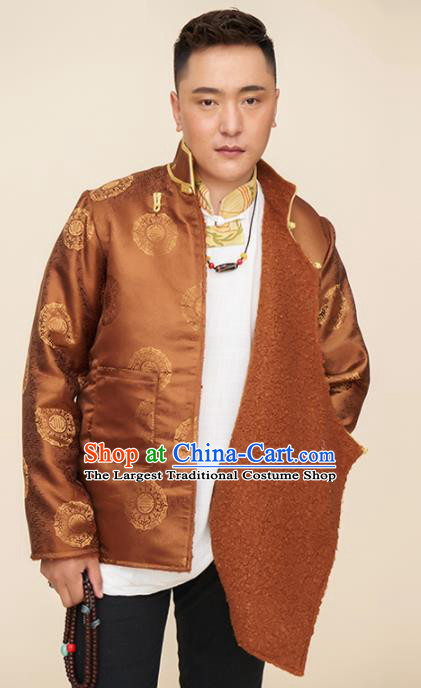 Traditional Chinese Zang Nationality Dance Costumes Tibetan Folk Dance Ethnic Brown Coat for Men