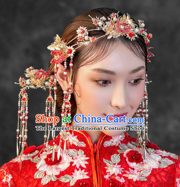 Chinese Ancient Wedding Hair Accessories Bride Red Pomegranate Phoenix Coronet Hairpins Headwear for Women