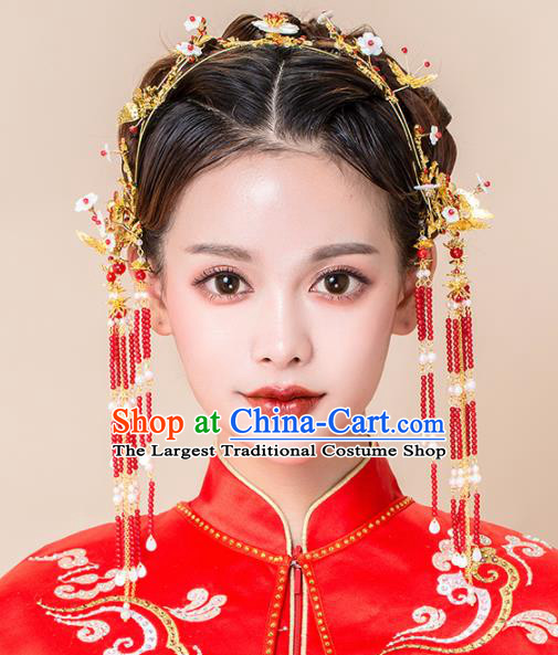 Chinese Ancient Wedding Hair Accessories Red Beads Tassel Phoenix Coronet Bride Hairpins Headwear for Women