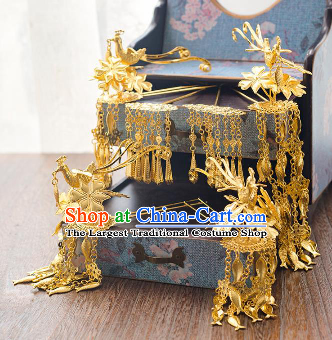 Chinese Ancient Bride Golden Tassel Hair Clips Wedding Hair Accessories Hairpins Headwear for Women