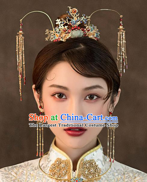 Chinese Ancient Bride Blueing Phoenix Coronet Wedding Hair Accessories Hairpins Headwear for Women