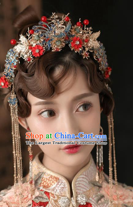 Chinese Ancient Wedding Hair Accessories Cloisonne Phoenix Coronet Bride Hairpins Headwear for Women