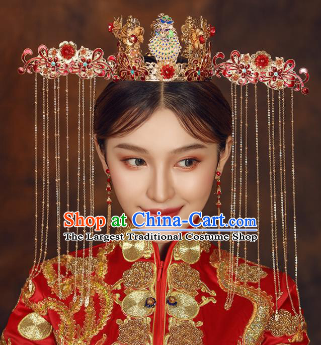 Chinese Ancient Bride Red Phoenix Coronet Wedding Hair Accessories Palace Hairpins Headwear for Women