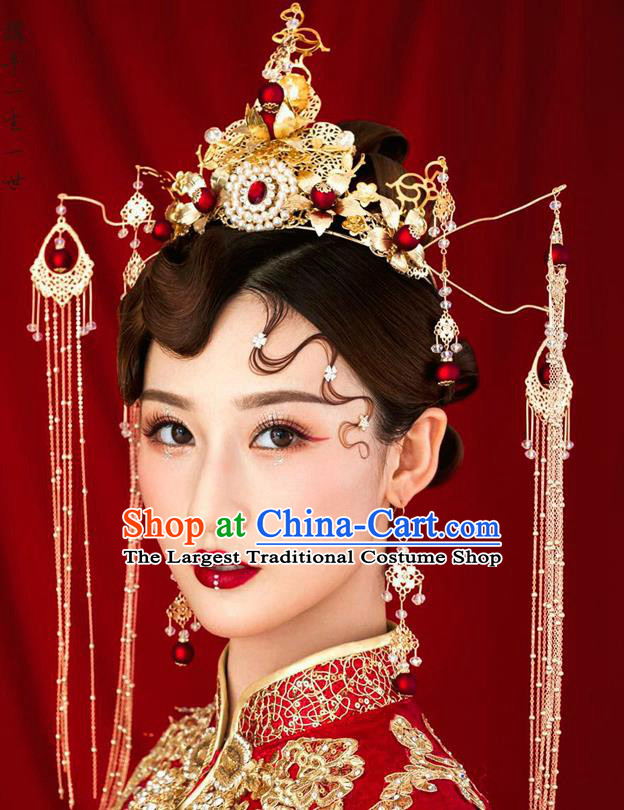 Chinese Ancient Bride Pearls Phoenix Coronet Wedding Hair Accessories Palace Hairpins Headwear for Women