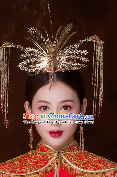 Chinese Ancient Wedding Hair Accessories Bride Phoenix Coronet Tassel Hairpins Headwear for Women