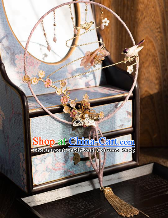 Chinese Ancient Wedding Accessories Bride Palace Fans Butterfly Tassel Round Fan for Women