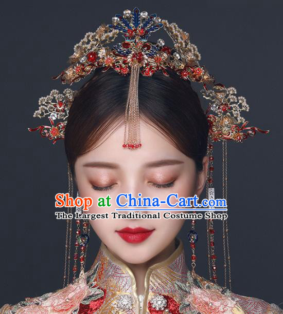 Chinese Ancient Wedding Hair Accessories Bride Blueing Phoenix Coronet Tassel Hairpins Headwear for Women