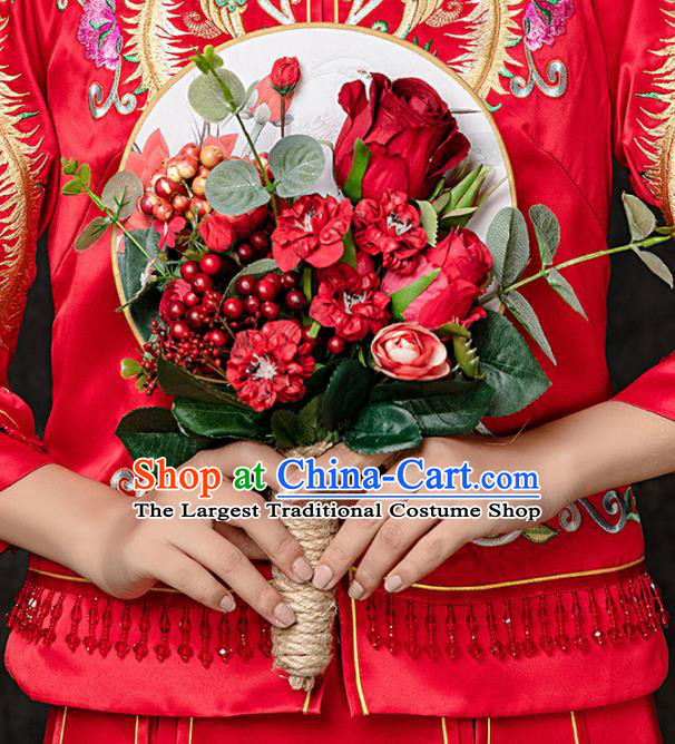 Chinese Ancient Wedding Accessories Bride Handmade Red Rose Palace Fans Round Fans for Women