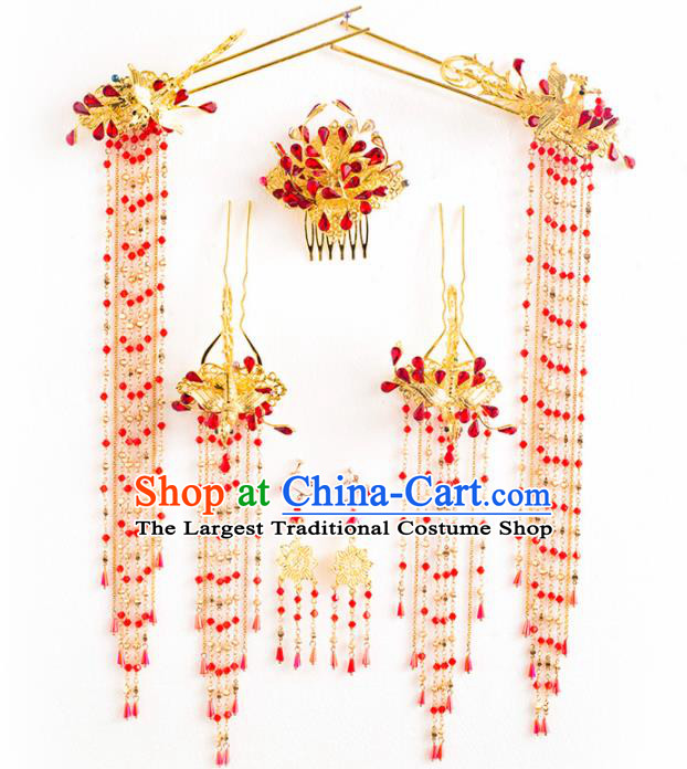 Chinese Ancient Palace Bride Hair Accessories Wedding Golden Phoenix Hairpins Headwear for Women