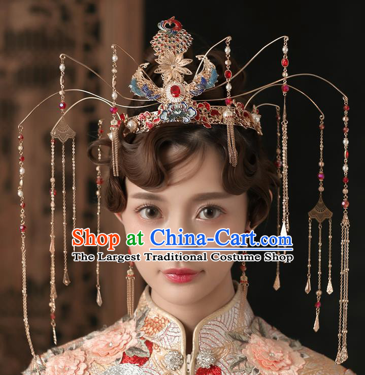 Chinese Ancient Bride Luxurious Phoenix Coronet Wedding Hair Accessories Palace Tassel Hairpins Headwear for Women