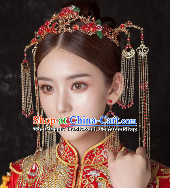 Chinese Ancient Palace Bride Hair Accessories Wedding Red Grape Phoenix Coronet Hairpins Headwear for Women