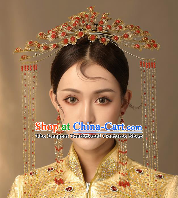 Chinese Ancient Palace Hair Accessories Bride Hanfu Red Beads Phoenix Coronet Tassel Hairpins Headwear for Women