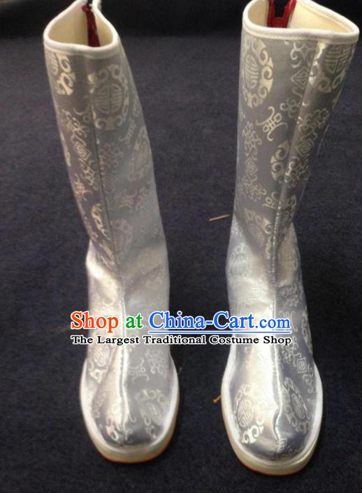 Chinese Traditional Shoes Ancient Emperor Beijing Opera Grey Boots Hanfu Satin Boots for Men