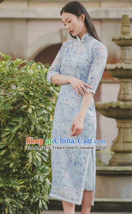 Chinese Traditional Costumes National Qipao Dress Blue Cheongsam for Women