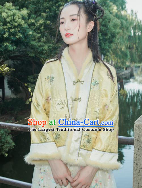 Chinese Traditional Costumes National Tang Suit Yellow Cotton Wadded Jacket for Women