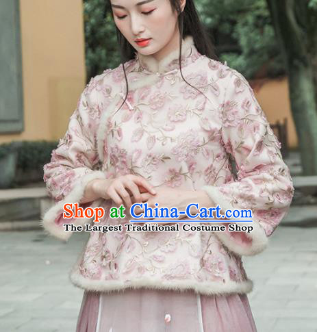 Chinese Traditional Costumes National Tang Suit Pink Cotton Wadded Jacket for Women