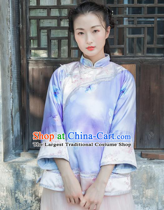 Chinese Traditional Costumes National Upper Outer Garment Purple Silk Qipao Blouse for Women