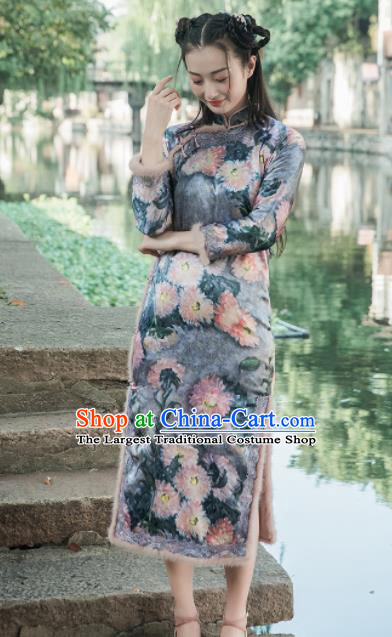 Chinese Traditional Costumes National Qipao Dress Mink Wool Navy Cheongsam for Women