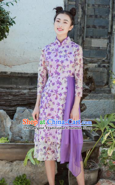 Chinese Traditional Tang Suit Costumes National Printing Purple Qipao Dress Classical Cheongsam for Women