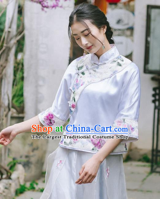 Chinese Traditional Costumes National Tang Suit White Silk Blouse Qipao Upper Outer Garment for Women