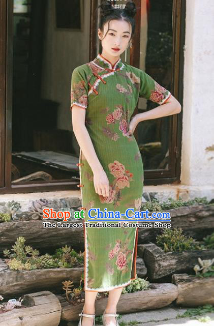 Chinese Traditional Costumes National Green Qipao Dress Tang Suit Cheongsam for Women