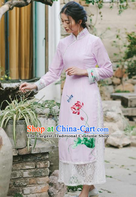 Chinese Traditional Costumes National Embroidered Pink Qipao Dress Tang Suit Cheongsam for Women