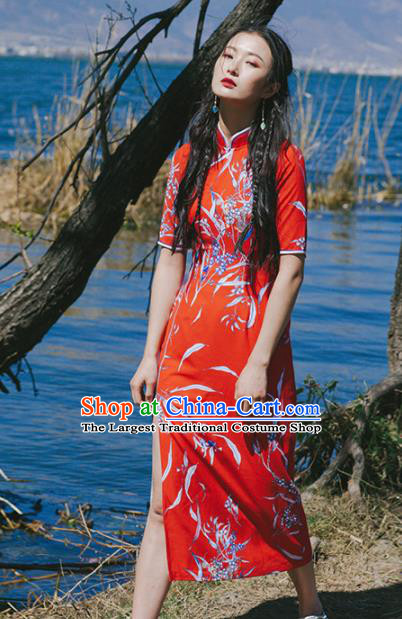 Chinese Traditional Costumes National Red Qipao Dress Tang Suit Cheongsam for Women