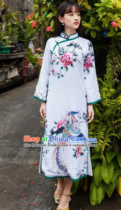 Chinese National Costumes Printing Phoenix Peony Qipao Dress Traditional Tang Suit Cheongsam for Women