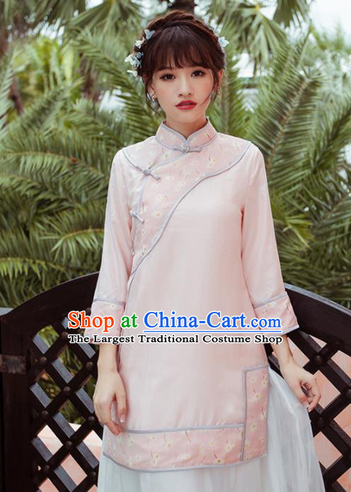 Chinese Traditional Costumes National Pink Qipao Blouse Tang Suit Upper Outer Garment for Women