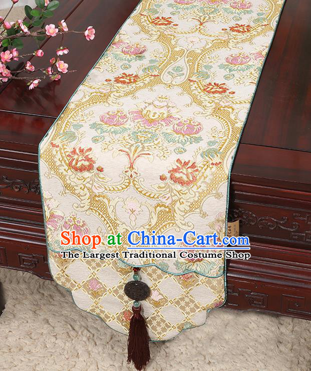 Chinese Classical Household Ornament Jade Pendant Tassel Brocade Table Flag Traditional Handmade Table Cover Cloth